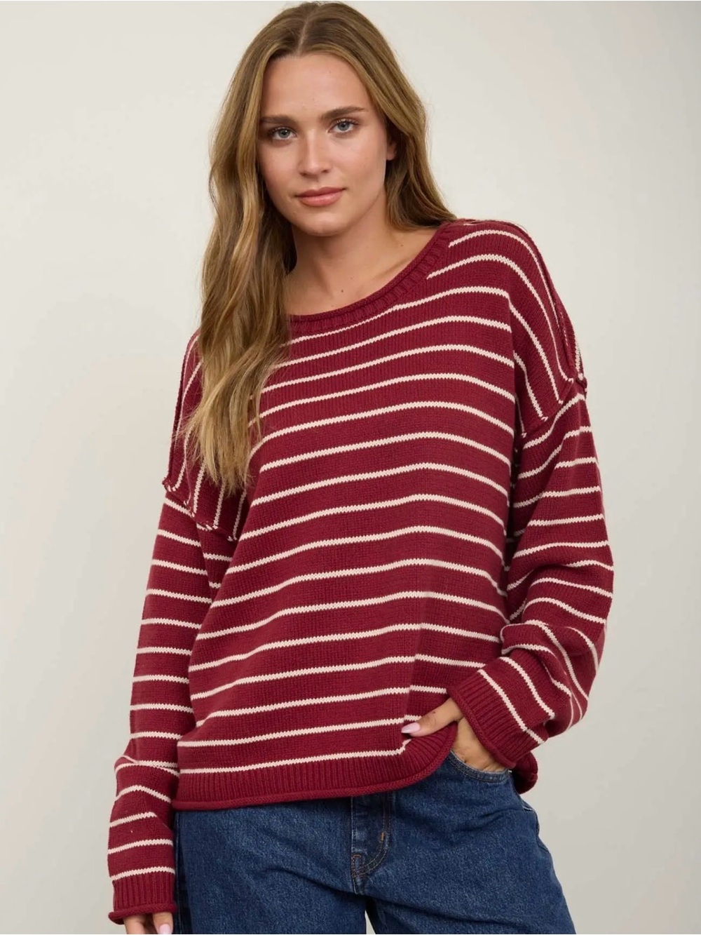 Blu Pepper Burgundy and White Striped Crewneck Sweater NWT